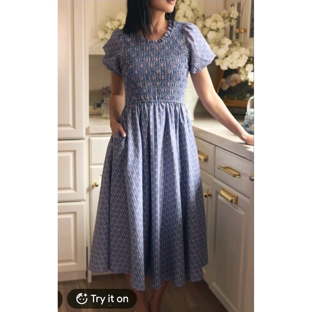 NWT Ivy City Mariah Dress Women's Medium Linear Print Floral Pockets Smocked
